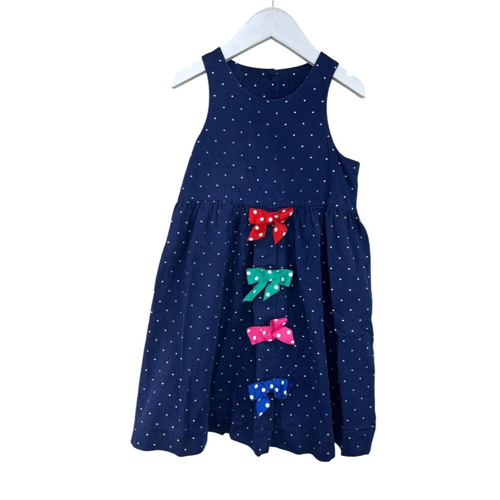 Vintage 90s Hartstrings Navy Polka Dot Jumper Dress with accent bows Girls 5